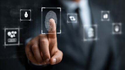 A hand with a fingertip scans a digital fingerprint interface overlaid on a dark background, displaying various icons.