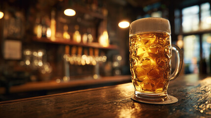 Two glasses of beer on wooden table in pub or restaurant concept. A refreshing glass of beer served in a rustic bar setting.