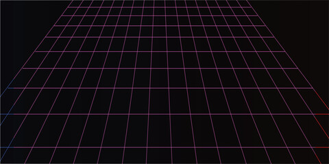Retro futuristic glowing grid pattern on a dark background, receding perspective, digital art. © Ahmad