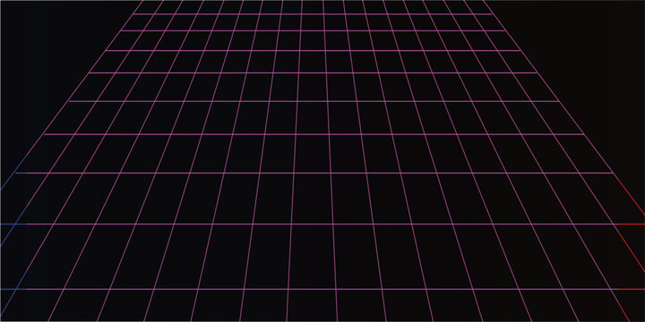 Retro futuristic glowing grid pattern on a dark background, receding perspective, digital art.