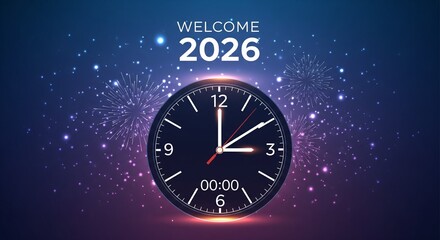 New Year 2026 Celebration Midnight Clock with Fireworks Digital Background