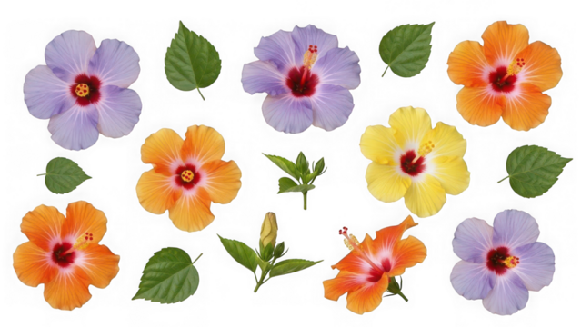 Colorful morning glory flowers and leaves isolated on transparent background - Powered by Adobe