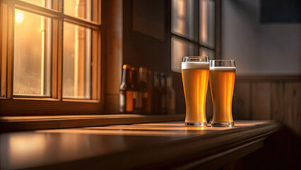 Two glasses of beer on wooden table in pub or restaurant concept. Two glasses of golden beer placed on a wooden table by the window.