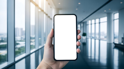 A hand holding a smartphone with a blank white screen in a modern office building