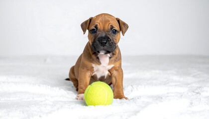 Adorable puppy with tennis ball looking at the camera.