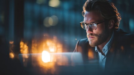 A focused businessman works late at night, illuminated by warm, exterior light, seated at a table outdoors.