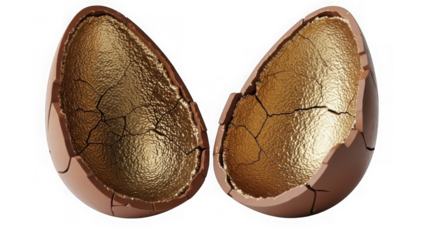 Two golden eggs cracked open on transparent background isolated