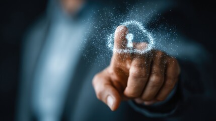 Obraz premium A hand points towards a digital cloud security icon, illustrating the concept of online protection.