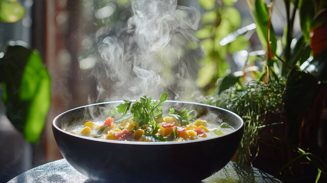Steaming bowl of corn chowder with bacon and parsley, set against a bright, leafy green background in natural light