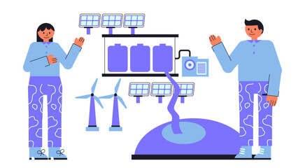 Fototapeta premium Flat vector illustration of a redox flow battery supporting a community microgrid