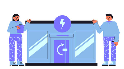 Flat vector illustration of an energy generating revolving door in an office lobby