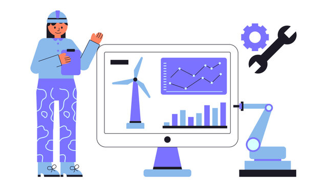 Flat vector illustration of a digital twin system enabling predictive maintenance for wind farms