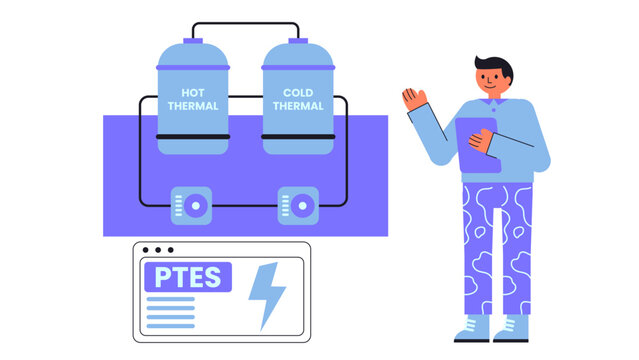 Flat vector illustration of a pumped thermal electricity storage system for grid energy management