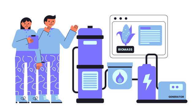 Flat vector illustration of biomass gasification producing syngas for renewable energy