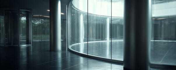 Curved glass panels meeting steel support columns close-up shot 32k ultra HD