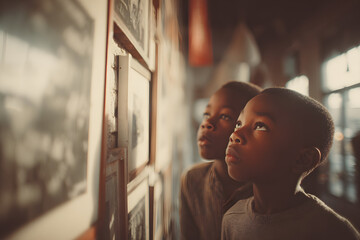 Focus on back view small two afro American kid boys with interest looking on pictures on the wall in gallery in Black history in community center on Black history month celebration