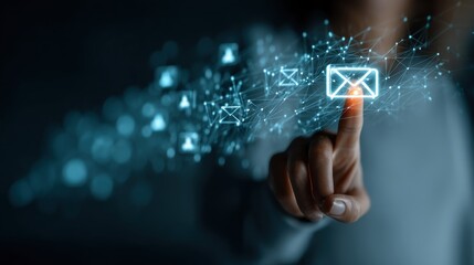 A hand interacts with a glowing email icon, surrounded by a network of digital connections.