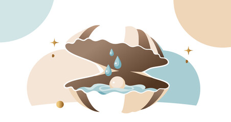 Open shell with pearl and water, symbolic baptism purity and blessing concept,  vector illustration on white background 