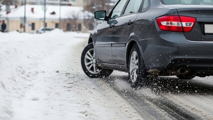 Car driving on a snowy city street, tires kicking up snow, winter weather driving conditions.