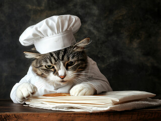 Tabby cat chef in white hat and coat, inspecting a cookie on folded napkins on a wooden table
