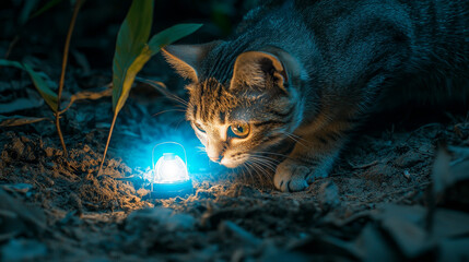 Tabby cat peers intently at a luminous blue lantern on dark, textured ground, its face softly lit by the glow