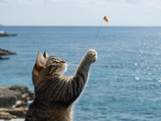 Tabby cat reaching for a small flag with its paw, against a sparkling blue ocean and sunny coastal background
