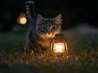 Tabby kitten looks from grass, illuminated by a warm glowing lantern at night, with gentle background bokeh