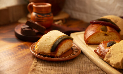 Rosca de Reyes, also called Three Kings Bread, Roscon, Epiphany Cake, traditionally served with hot chocolate in a clay Jarrito. Mexican tradition on January 5th.