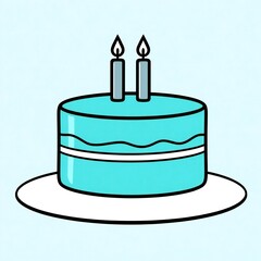 Simple cartoon birthday cake with two lit candles on a light blue background