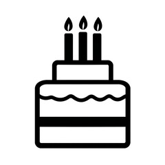 Simple black and white icon of a three tiered birthday cake with candles