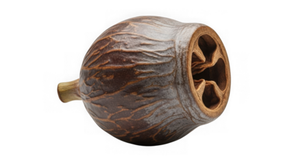 brown coconut shell with stem isolated on white background