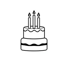 Simple line drawing of a two tier birthday cake with three lit candles