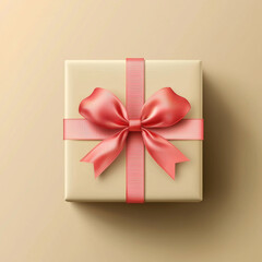 Top-down, a light beige gift box tied with a textured coral red ribbon bow, centered on a subtle matching background