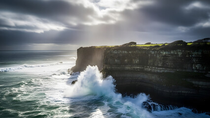 Powerful Ocean Waves Crashing Against a Dramatic Sea Cliff Under a Cloudy and Atmospheric Sky