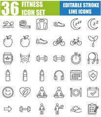 Fototapeta premium Fitness and Wellness Line Icons Set, Editable Stroke Vector Illustration of Health, Exercise, Workout, Gym, Dumbbell, Running, Diet, Strength and Physical Activity