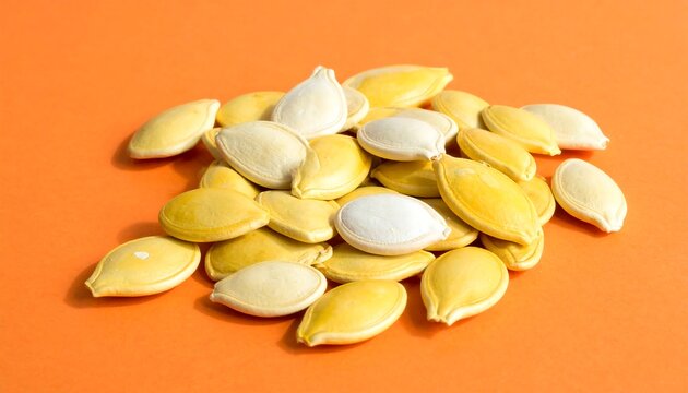 A close-up shot of a small pile of pale, ovular seeds on a solid orange background, suggesting a harvest. The seeds are various shades of tan