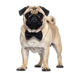 Obraz premium A fawn-colored, well-groomed pug stands with an alert expression, wearing a black bow tie, set against a pristine white background
