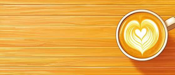 Vibrant coffee cup with heart latte art rests on a warm, light-toned wooden table, viewed from above