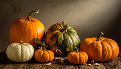 Autumnal Still Life - A Collection of Pumpkins on Wood.