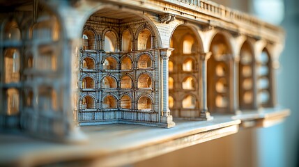 Detailed miniature architectural model with arched openings and balconies showcasing intricate stonework
