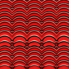 Vibrant red textured pattern of shiny convex semicircles outlined in dark, forming a repetitive geometric wave design