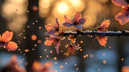 Delicate pink blossom petals dusted with frost on a branch backlit by golden sunlight