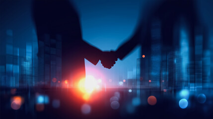 Two silhouettes, hands clasped in a firm handshake against a backdrop of city lights and a dynamic data visualization, symbolizing a successful partnership and collaborative agreement.