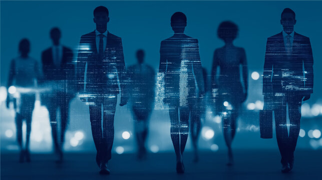 A confident group of business executives strides forward, symbolizing leadership and progress, their silhouettes seamlessly overlaid with a vibrant city skyline.