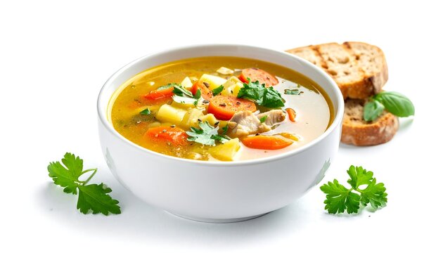A close-up shot of a white bowl filled with soup, next to toasted bread and herbs on a white background