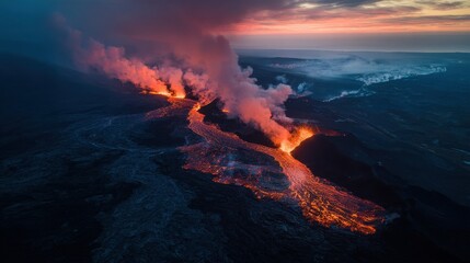 Fototapeta premium Dramatic Volcanic Eruption: Molten Lava Flows and Smoke Plumes at Twilight