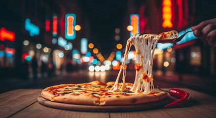 Stretching cheese pizza slice lifted from whole pizza at night