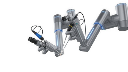 industrial robotic arms with cables and lights on metallic surfaces