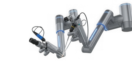 industrial robotic arms with cables and lights on metallic surfaces