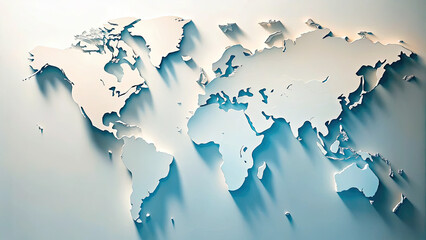 Minimalistic 3D world map on soft blue gradient concept. Stylized world map with shadows, perfect for global themes.